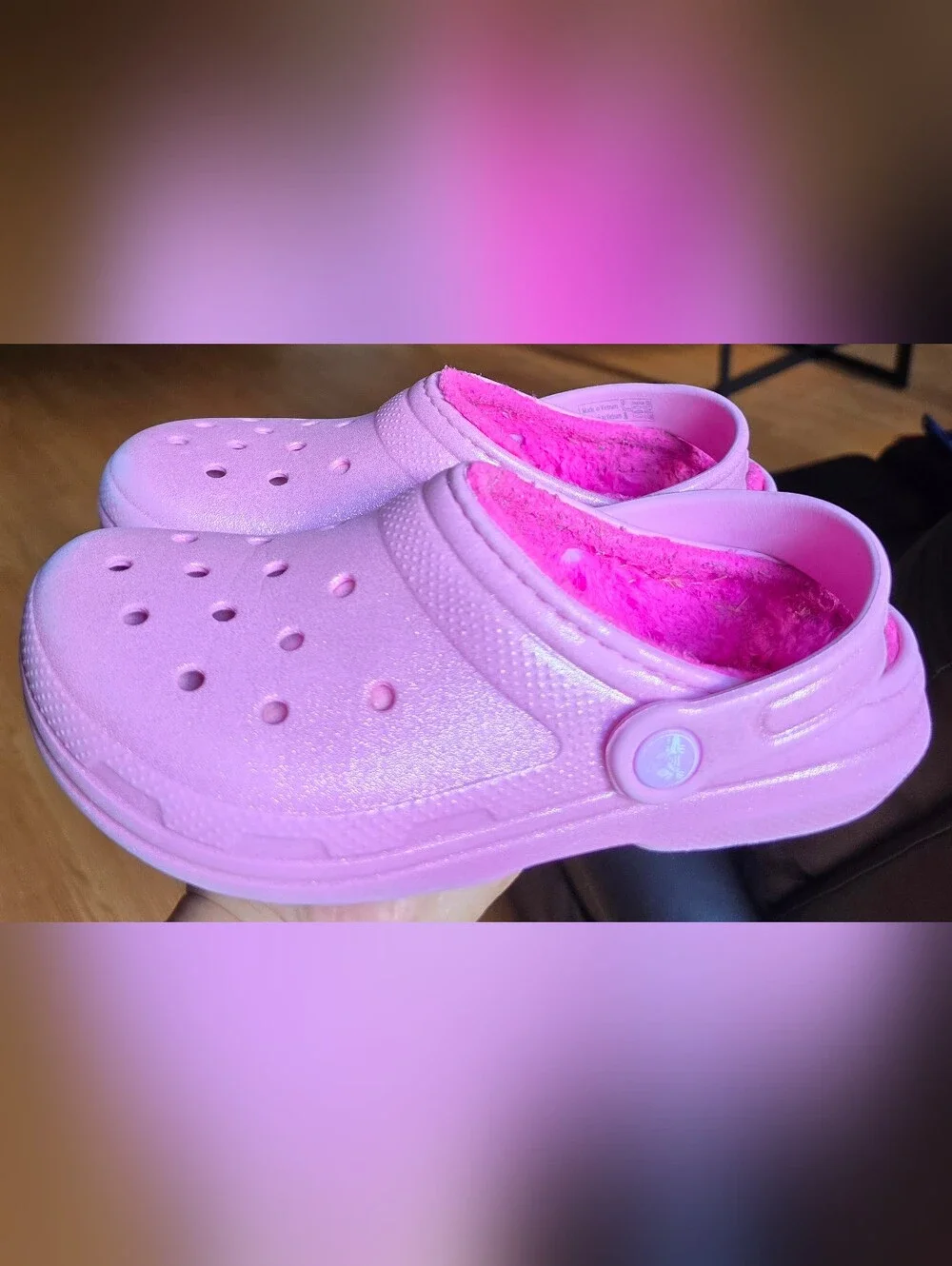 Sz 3 Little Girl's CROCS CLASSIC LINED Pink Glitter Comfort Clogs